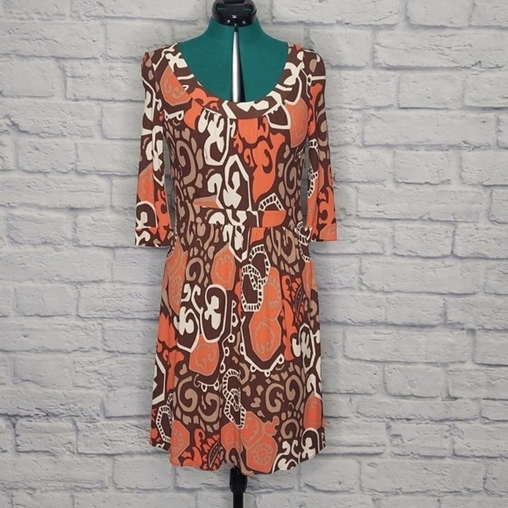 An Original Milly Vintage Print 3/4 Sleeve Silk Jersey Knit Dress Size Medium
